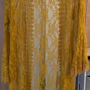 Yellow cover up and blue maxi dress